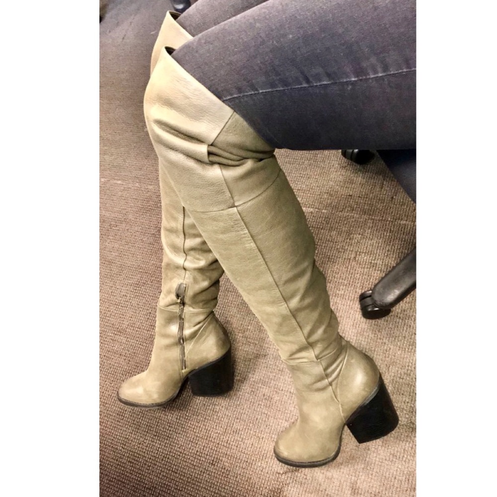 THIGH HIGH 100% LEATHER KHAKI GREEN BOOTS
